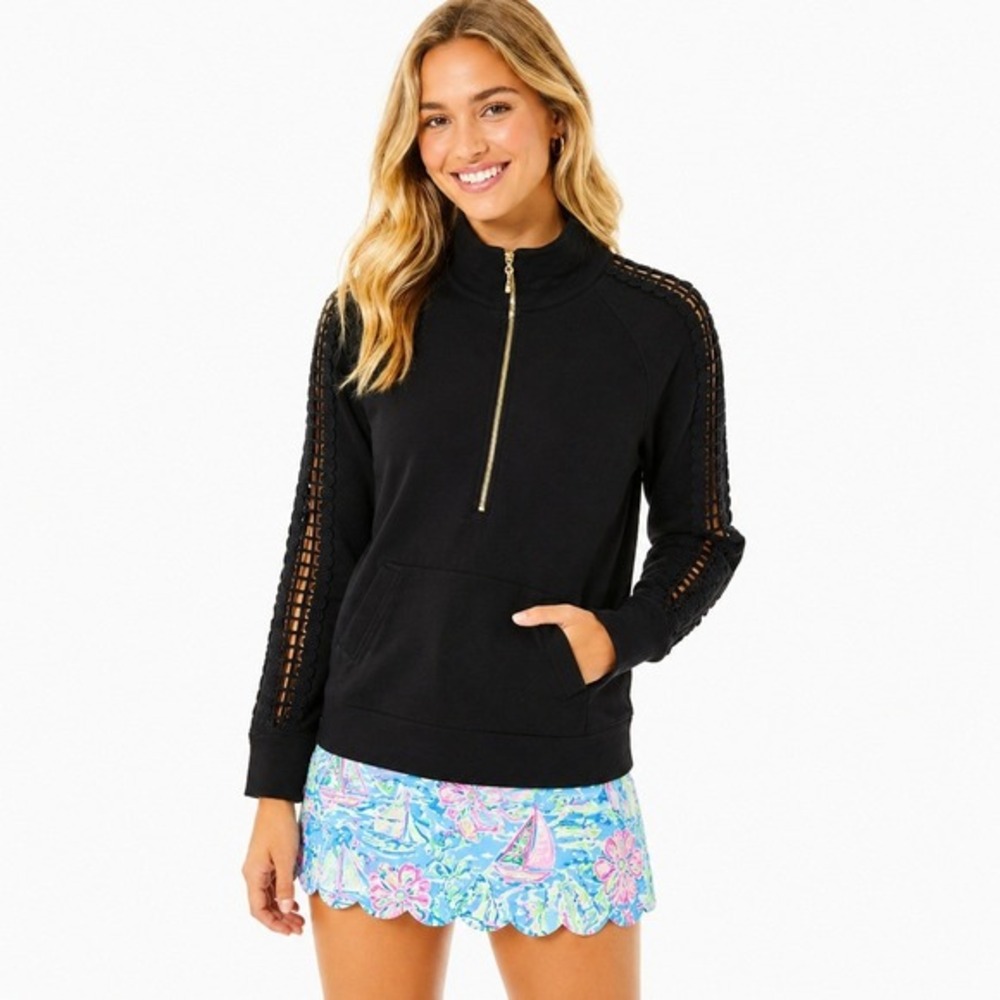 Lilly Pulitzer Womens XS Black Finn Half Zip‎ Sweatshirt Lace Sleeve Pullover